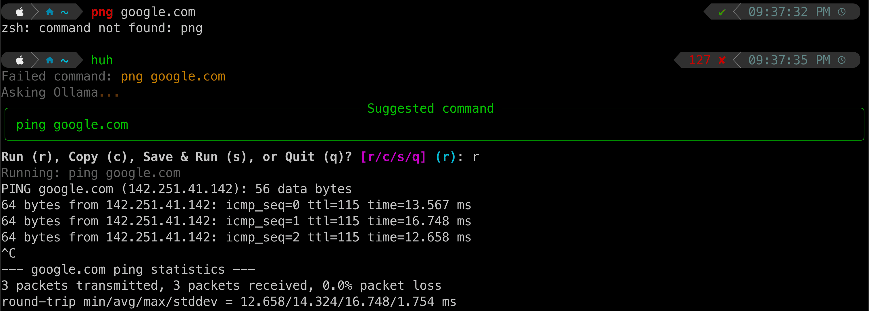 huh suggesting a corrected command in the terminal